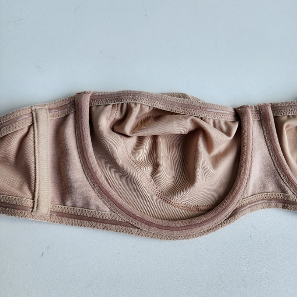 Soma Eva Strapless Bra 34C Satin Unlined Underwire Side Boning Tan Nude Floral - Picture 7 of 9